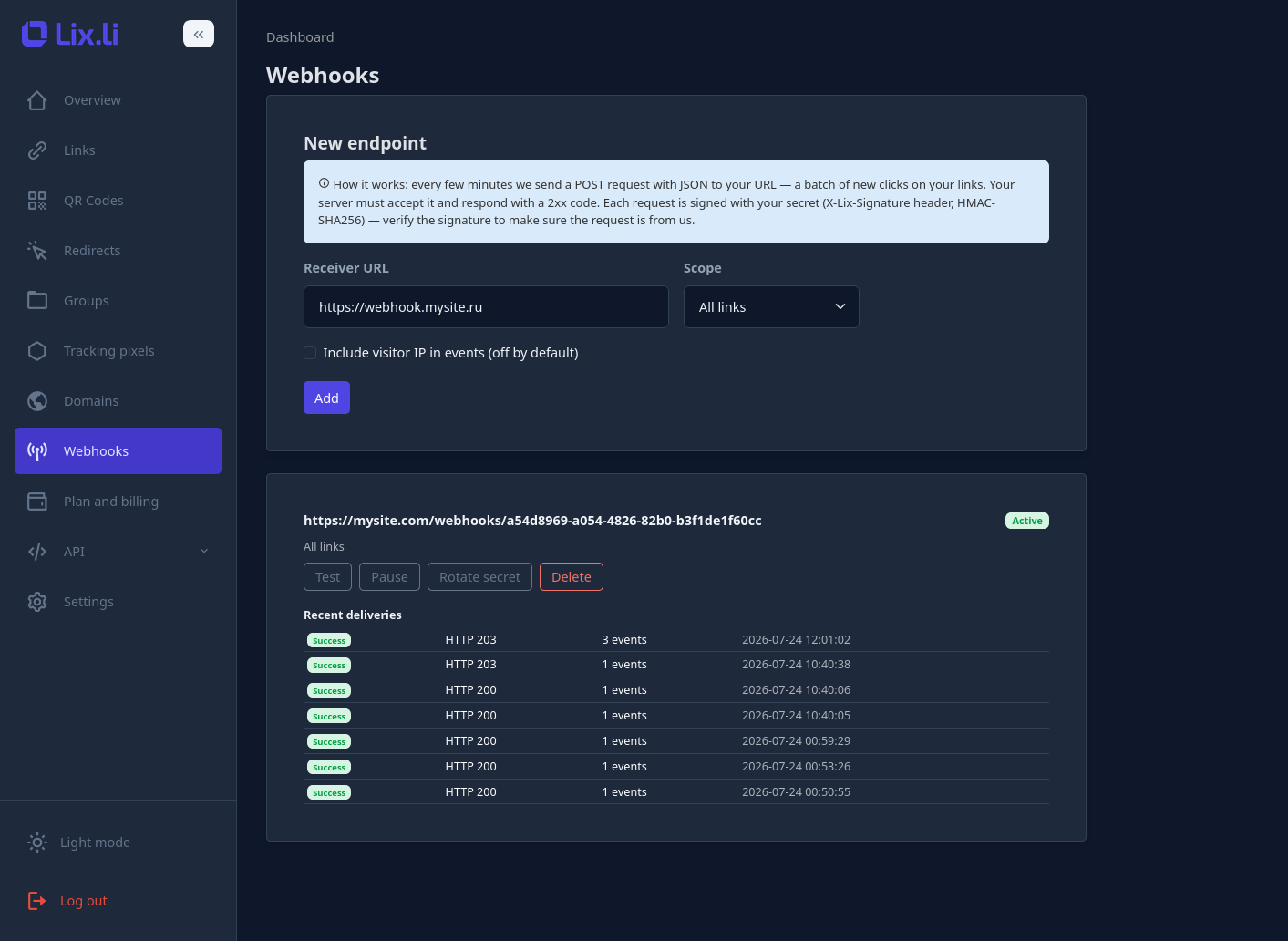 Lix.li panelinde webhook oluşturma s&uuml;reci ve yapılandırılmış webhook'lar listesi