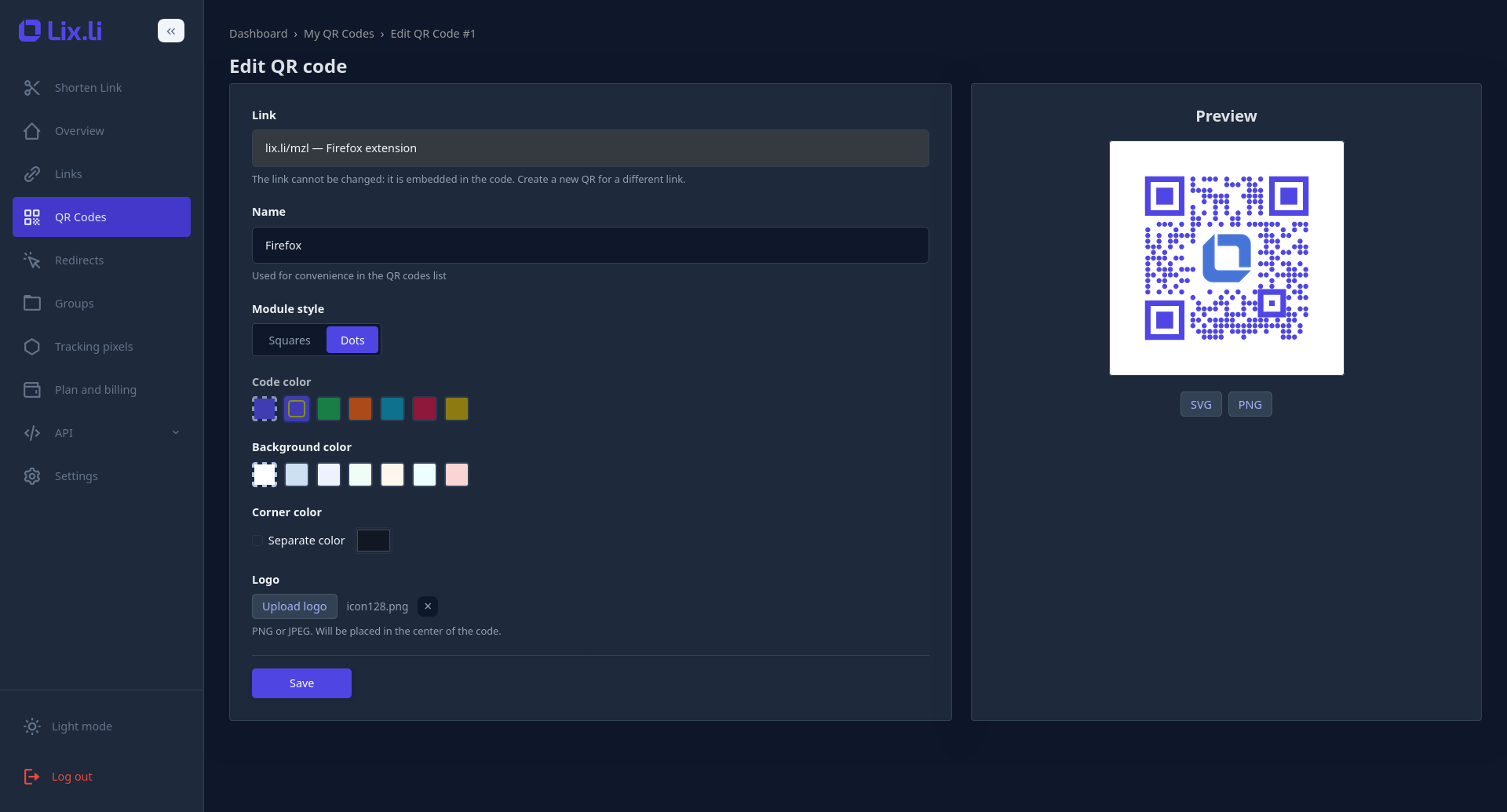 Een QR-code maken en aanpassen in het Lix.li-dashboard, met een live ontwerpvoorbeeldpaneel