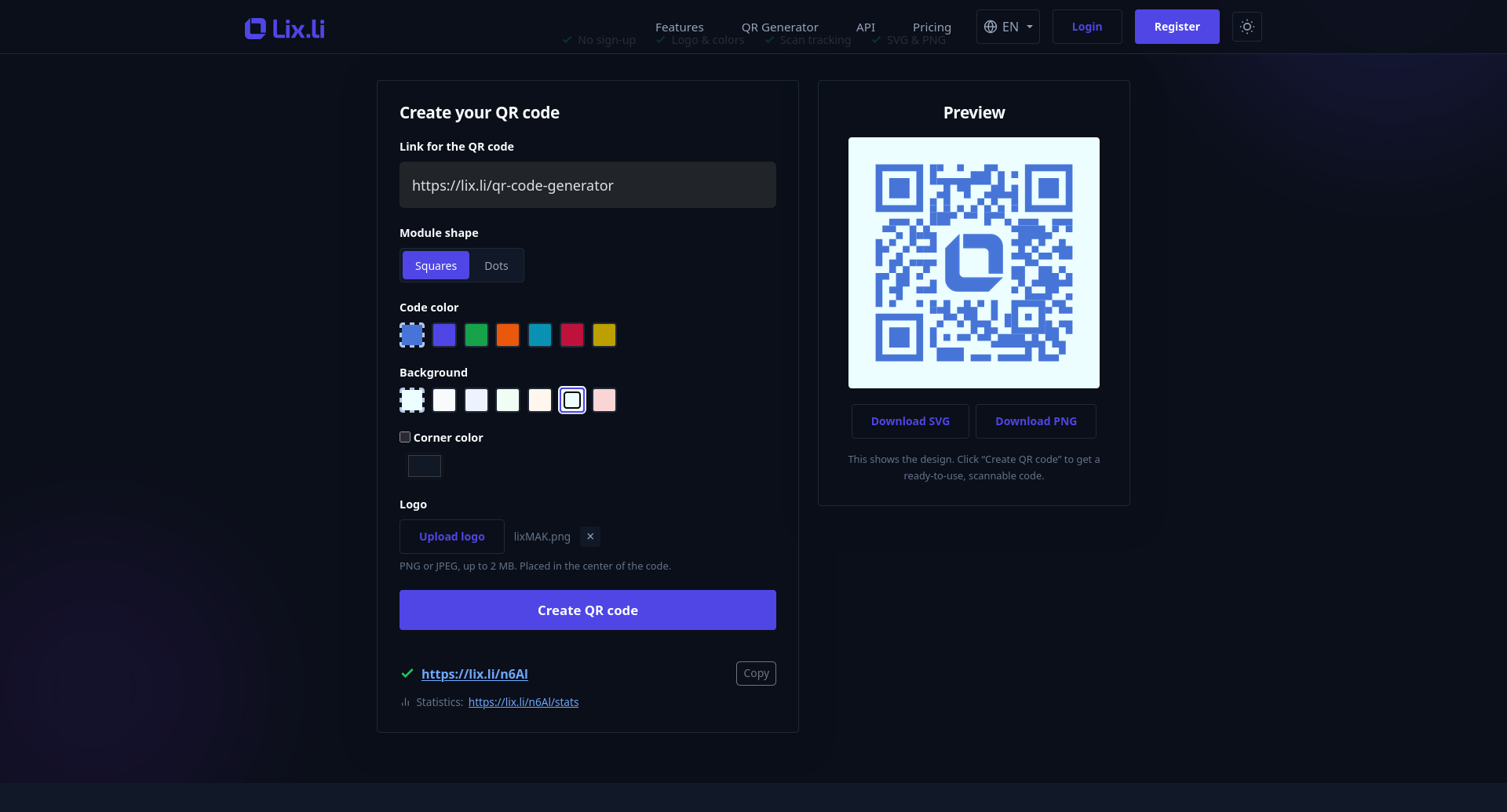 De interface van de publieke QR-codegenerator van Lix.li, met ontwerpaanpassing en live voorbeeld