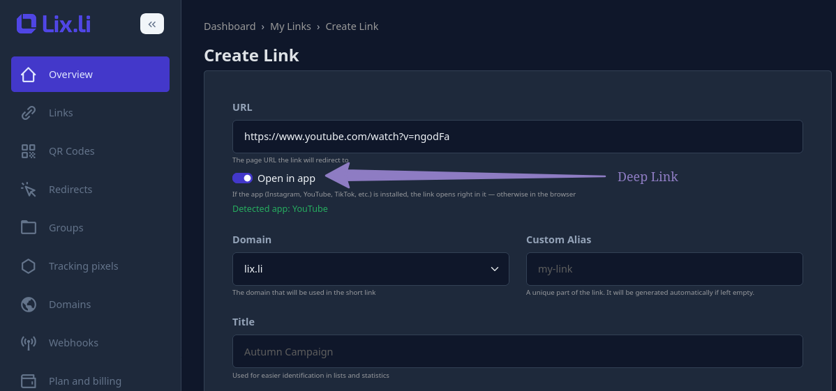 Lix.li'de Deep Link t&uuml;r&uuml; se&ccedil;ilerek kısa link oluşturma ekranı